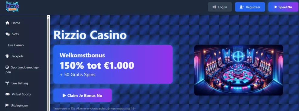 Rizzio Casino – 150% Welkomstbonus tot €1.000 + 50 Free Spins, speel vandaag nog